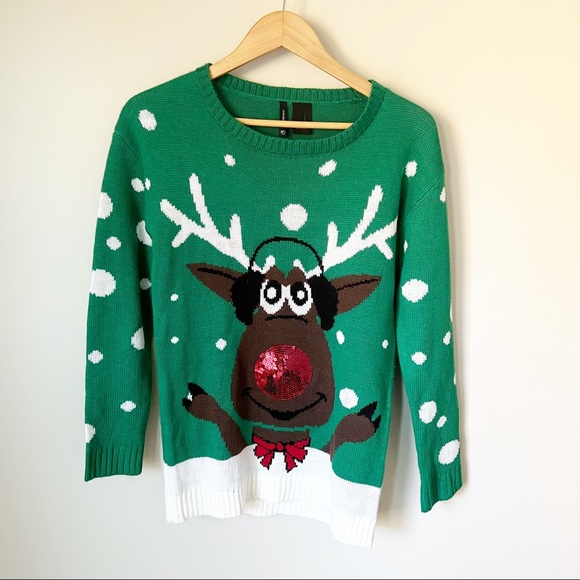 New Directions Rudolph Snowflake Knit Tunic Ugly Christmas Sweater Green S - Picture 1 of 8